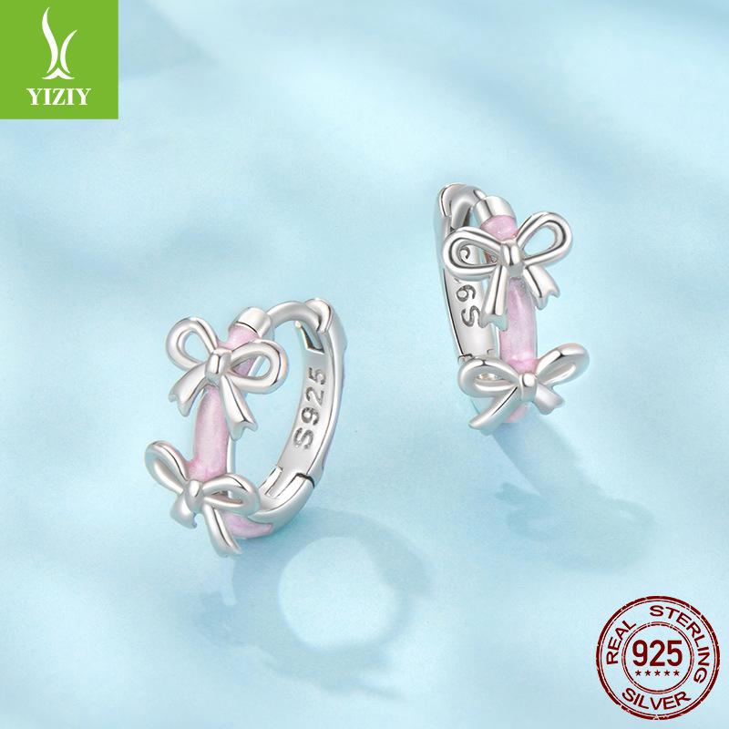 Romantic Pink Bow Ear Buckle Girl Sweet Girl Heart S925 Sterling Silver Earrings Earrings