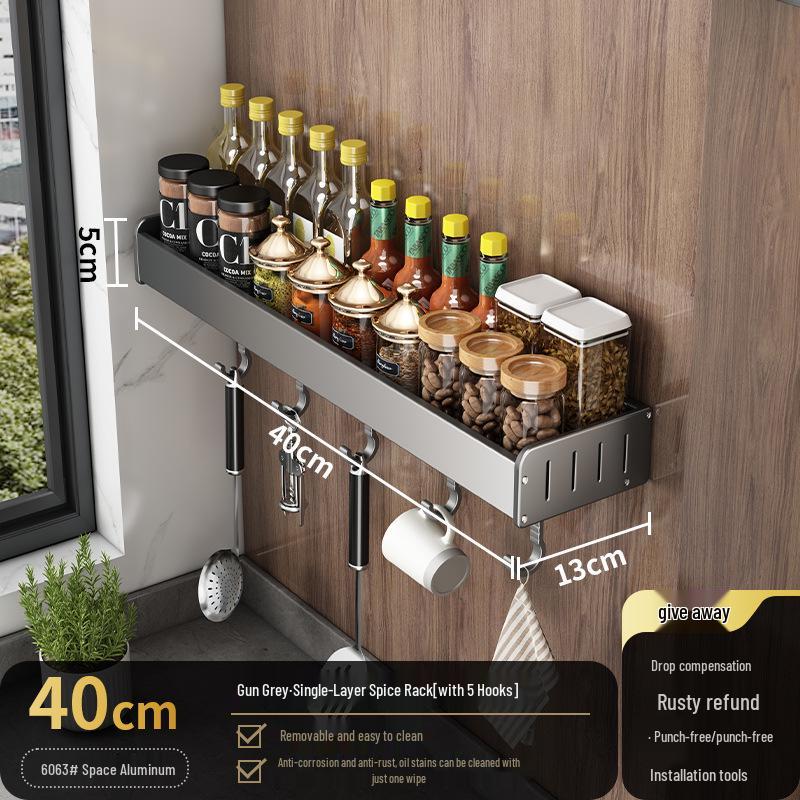 Wall-Mounted Kitchen Storage Rack, Punch-Free, Gun Gray, Knife Holder & Multi-Functional Seasoning Organizer.