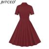 BITCED Women's Single-Breasted Wide-Skirted Retro-Style Waist-Cinched Solid-Colour Dress