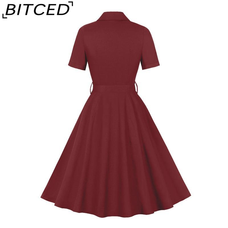 BITCED Women's Single-Breasted Wide-Skirted Retro-Style Waist-Cinched Solid-Colour Dress