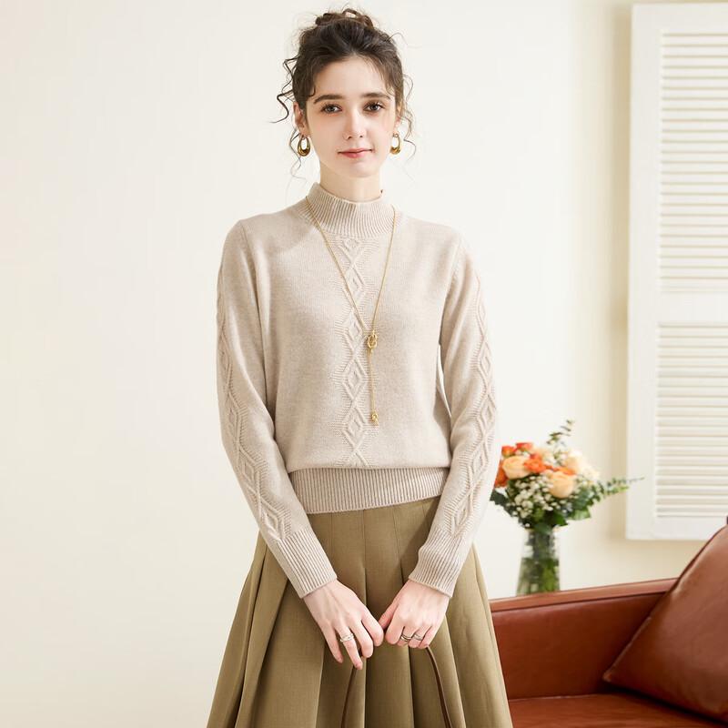 TUHUANG Women's Thick Merino Wool Diamond Half-High Collar Sweater TW431871