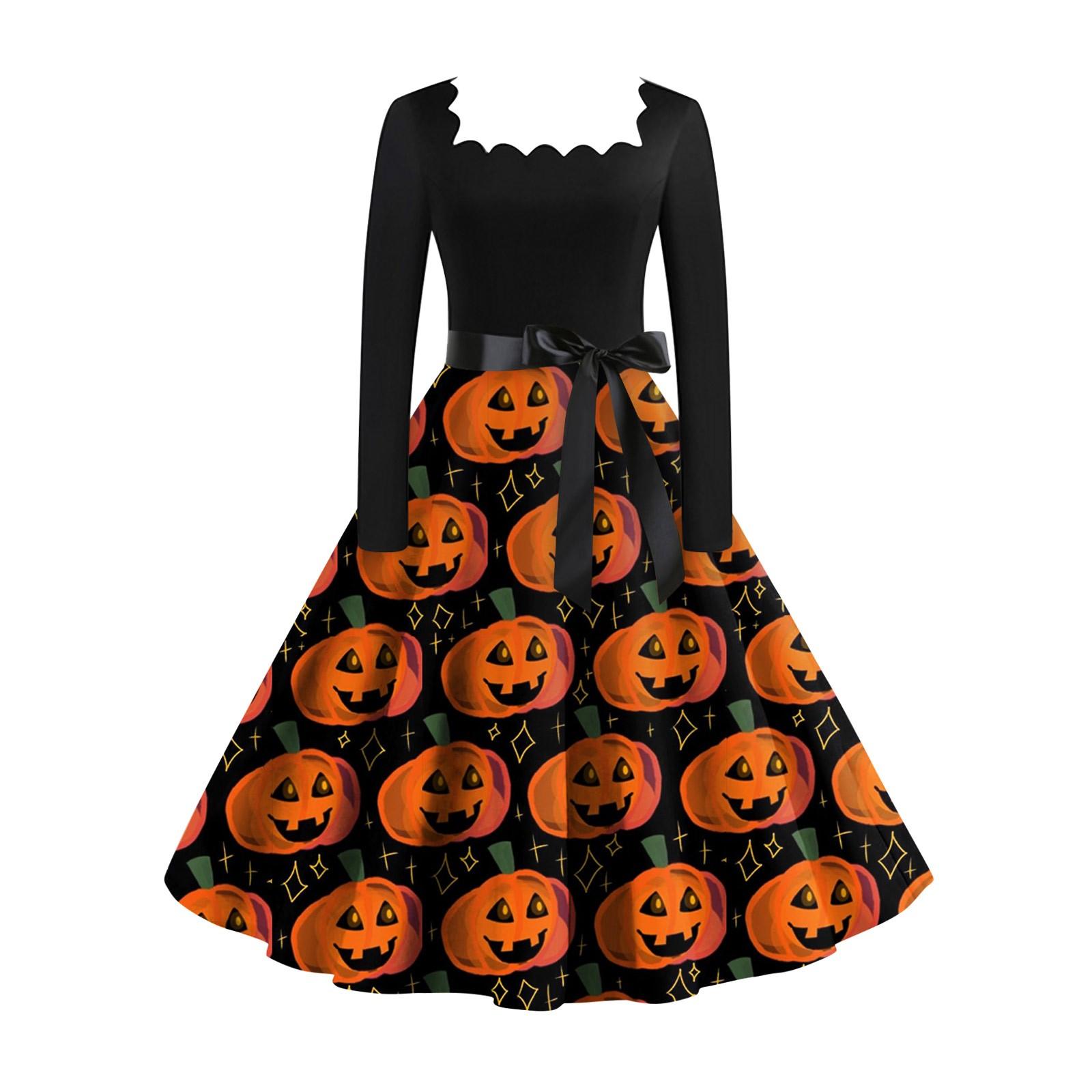 

Женское повседневное модное винтажное платье с длинным рукавом и принтом на Хэллоуин XL оранжевый