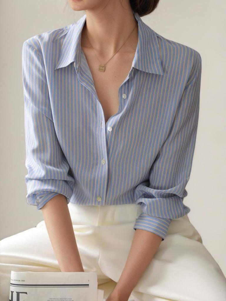 2026 Women's Striped Long-Sleeve Shirt - Elegant and Stylish for Commuting