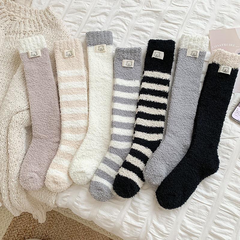 Coral fleece calf socks women's winter thickened thermal floor socks bear cloth label striped stockings sleep socks
