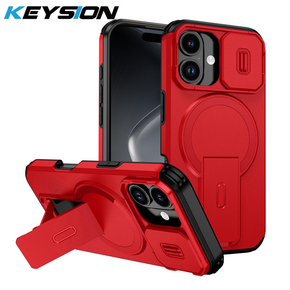 KEYSION Shockproof Armor Magnetic Case for iPhone 17 16 Plus Slide Camera Protect Kickstand Wireless Charging Phone Back Cover