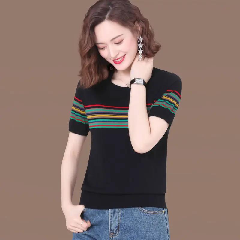 Summer Women's Striped Knit T Shirt Casual Short Sleeve Sweater Top