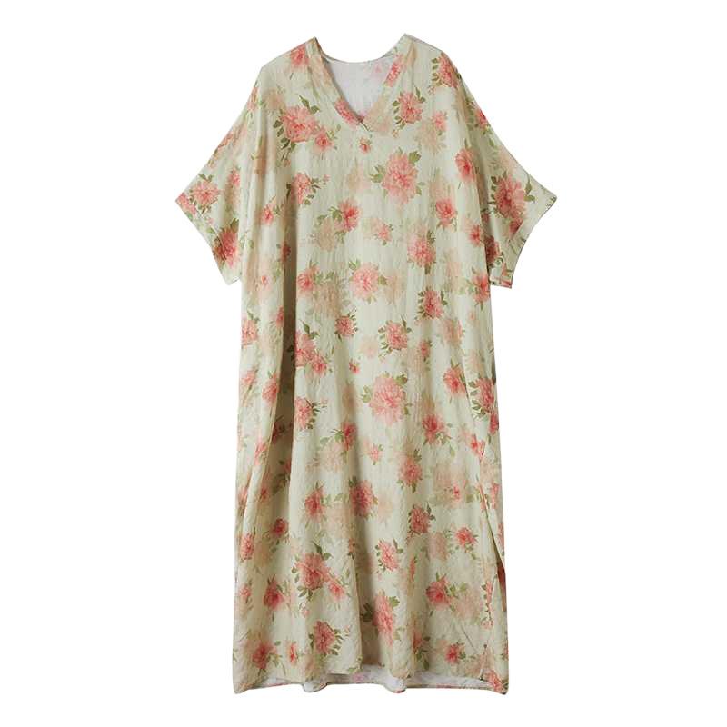Summer Vacation Style V-neck Retro Cotton and Linen Dress