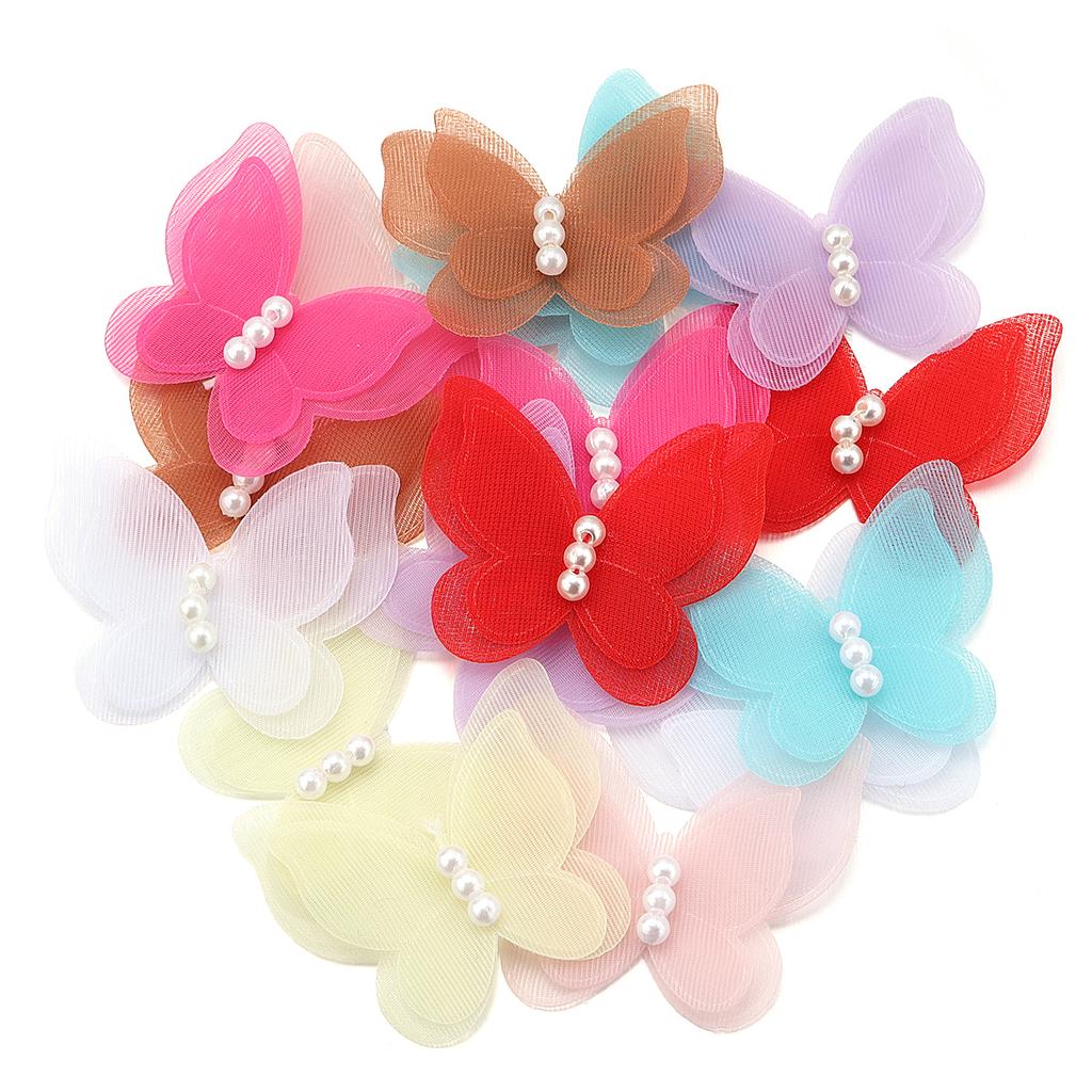 10pcs/lot Organza Fabric Butterfly Appliques Colorful Double-layer Meteor Gauze Pearl Butterfly For DIY Wedding Party Home Decor