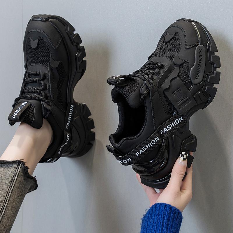 Daddy Shoes Autumn Women's Fashion Platform Black Sneakers Leather Versatile Non-slip Heightening Casual Shoes