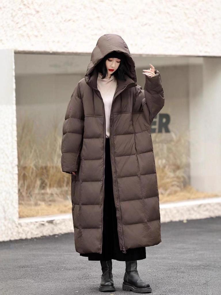 Dam 2025 Vinter Lång Dunjacka med Huva - Koreansk Stil, Tjock, Enfärgad, Kappa över Knäna
