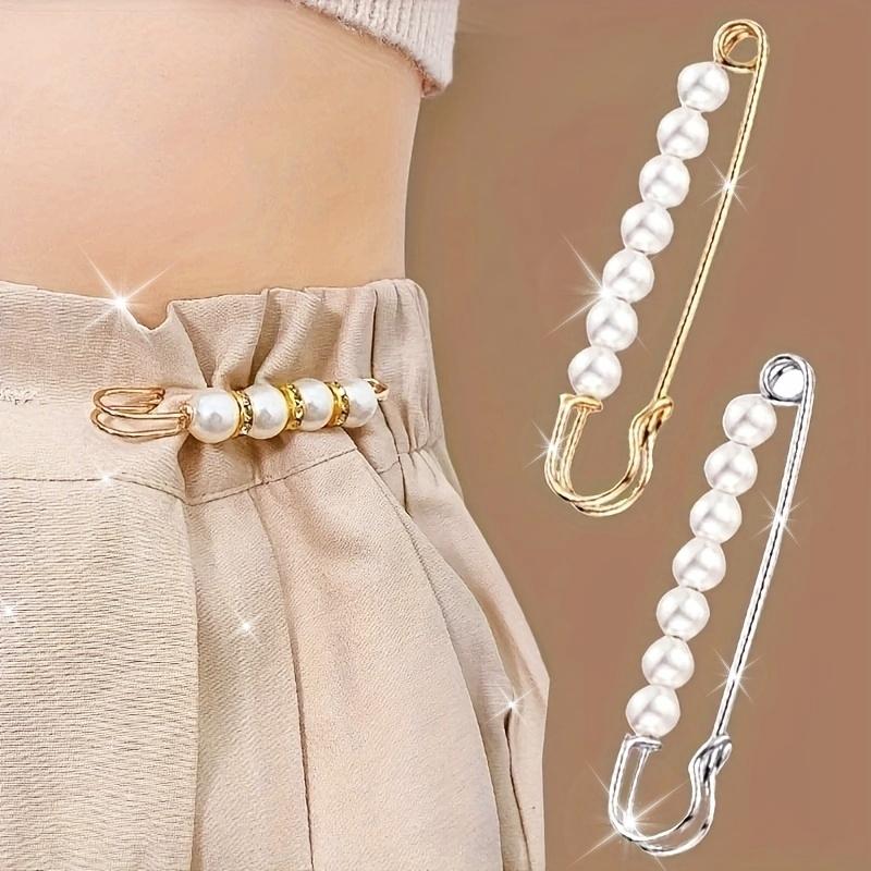 2Pcs Fashion Pearl Brooch Waist Cinching Adjustable Skirt Anti-slip Metal Pin Fixed Clothes DIY Accessories