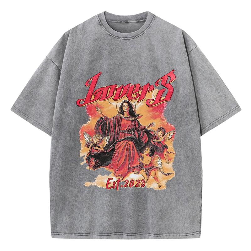 Street Women Washed T-Shirts Virgin Mary Lovesprinted Tee Shirts Comfortable Crewneck Cotton Oversize Tees Summer Clothes
