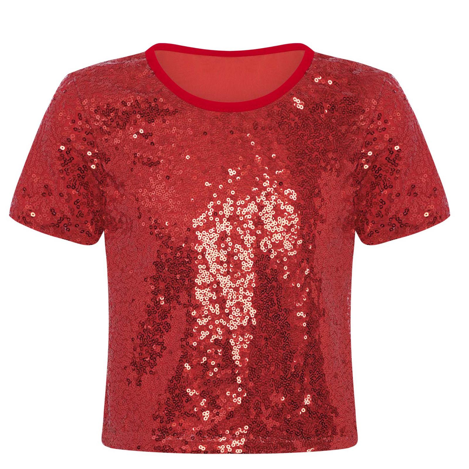 

Girls Sparkle Crop Top Short Sleeve Round Neck Sequin Design Jazz Hip Hop Dance Performance Top 7-8 Years червоний