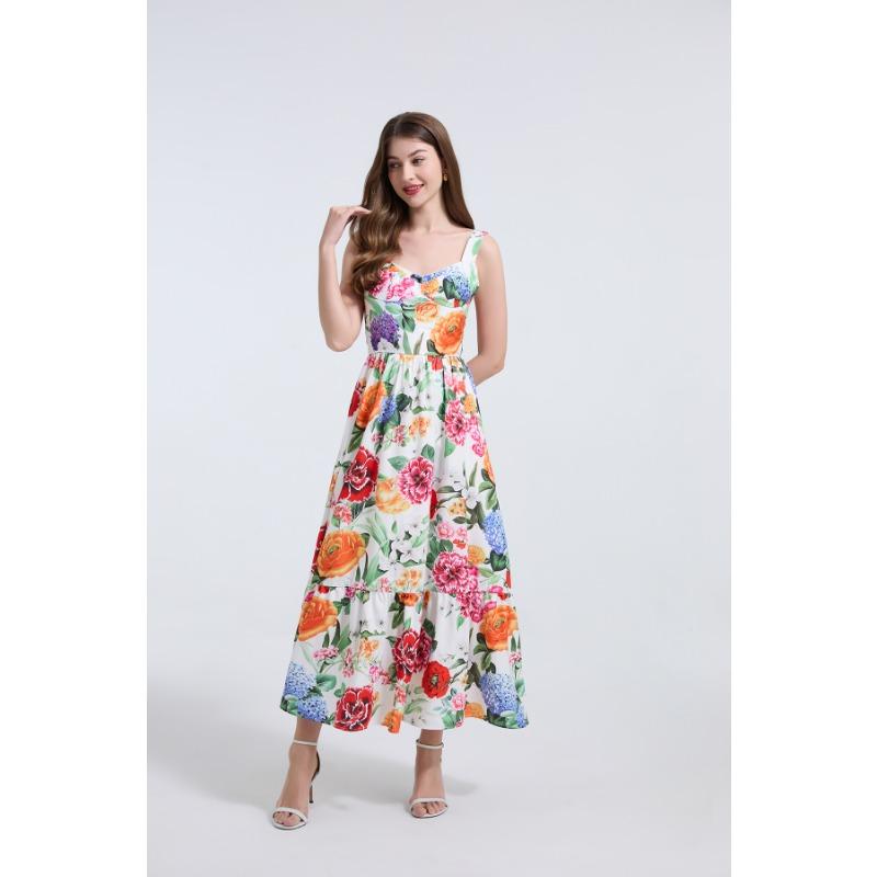 Summer Women Elegant Spaghetti Strap Print Flower Long Maxi Ankle Length Party Dresses