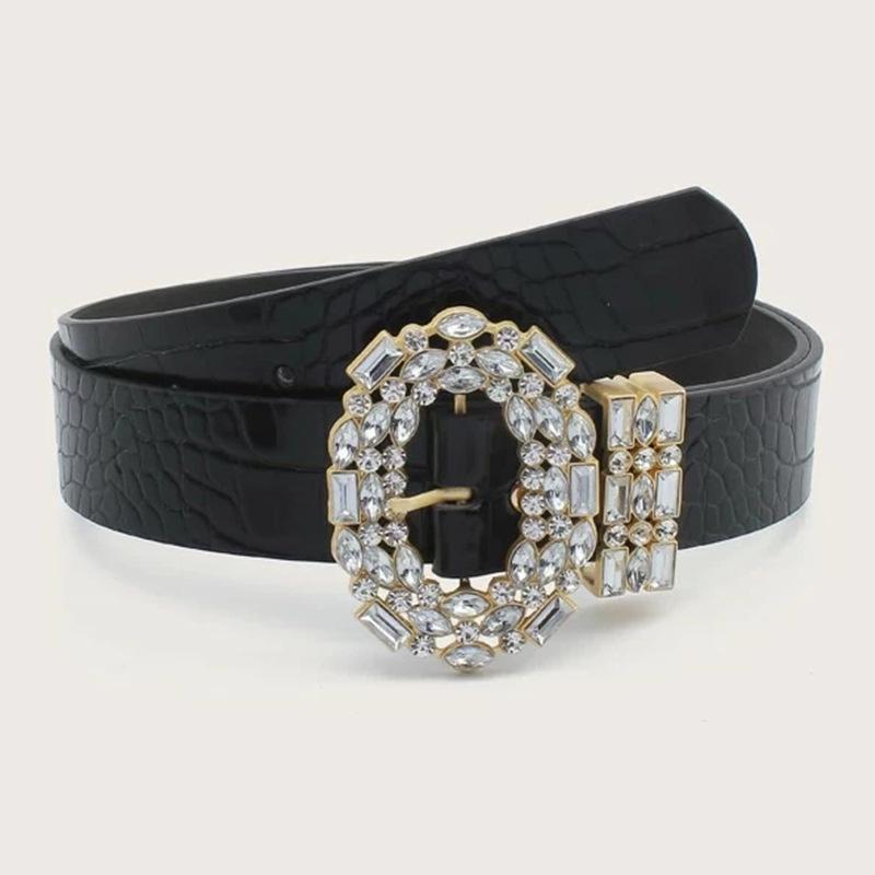 European & American Fashion Rhinestone Round Toe Leather Belt - Women s Autumn/Winter Street Style Accessory чёрный