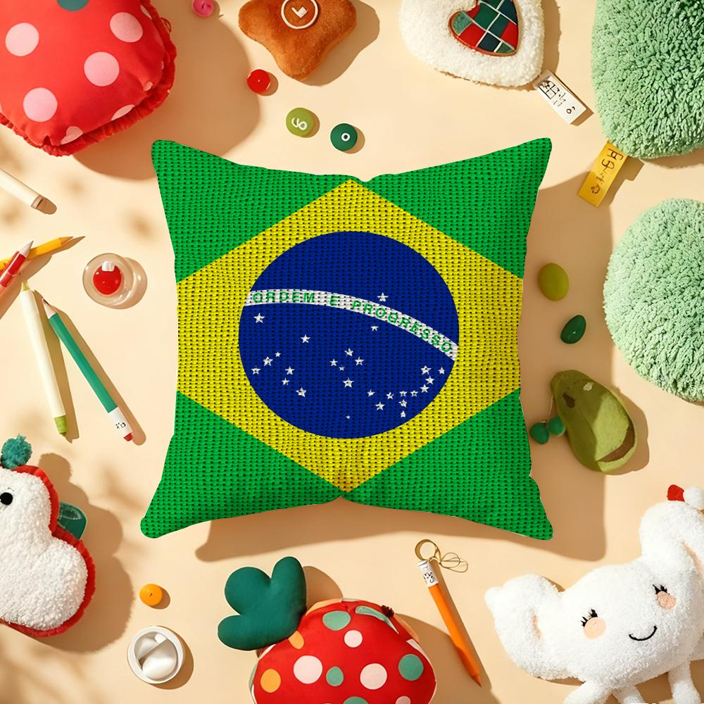 Brazil Flag Cushion Cover Plush Fabric Soft Double-Sided Printed Sofa Warm Winter Home Gift Pillow Cover