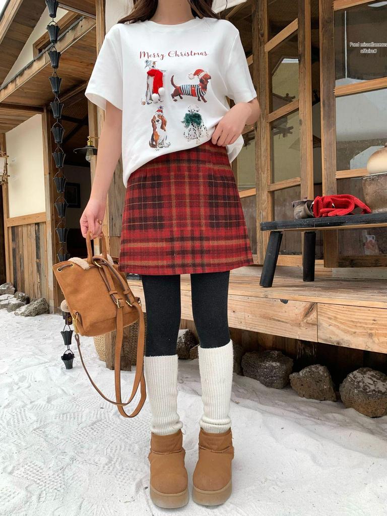 Rainbow Korean-Style Pleated Plaid Wool A-Line Skirt for Women - Winter Fashion