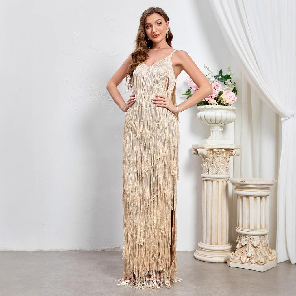 New women's sleeveless sexy banquet suspender long dress new party fringed dress