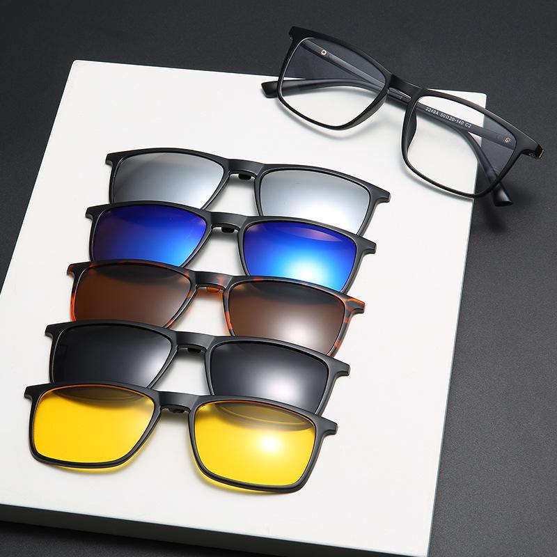 Men's & Women's Magnetic Polarized Clip-On Sunglasses - Retro Square Frame, Spring Legs, 5 Interchangeable Lenses Set (Model 2249)