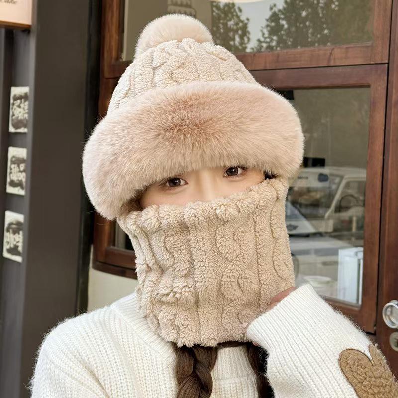 Women's Autumn & Winter Plush Thickened Integrated Hat & Scarf for Cycling - Windproof, Coldproof, Electric Car Pullover Hat.