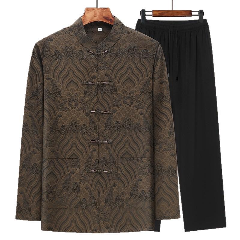 Summer Cross-Border Tang Suit Set: Lightweight Long Sleeve & Pants for Middle-Aged and Elderly Men