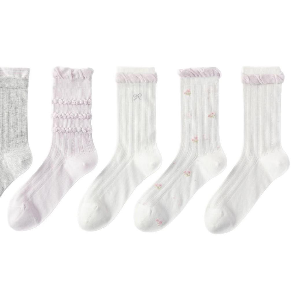 Spring & Summer Breathable Mesh Mid-Calf Socks with Bow Lace Bubble Cuff