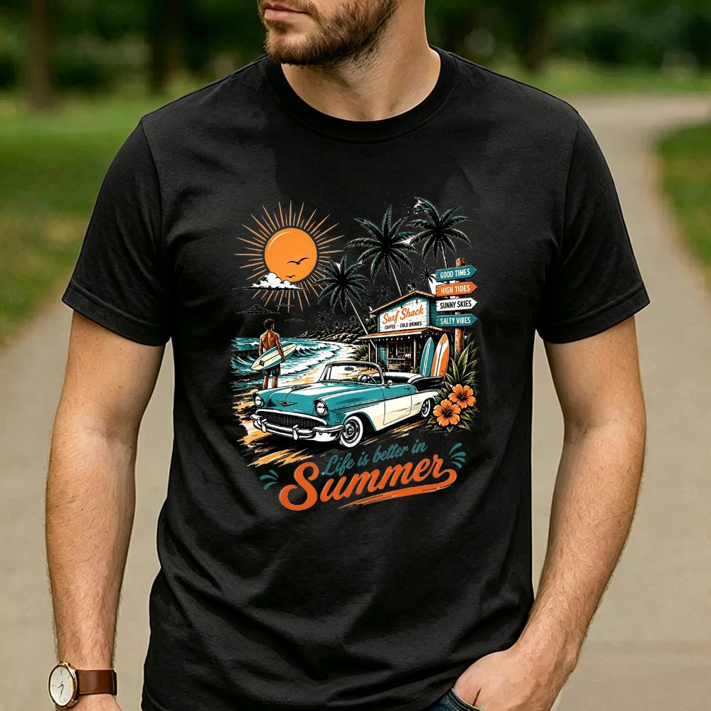 Retro Surf Shack Fan Gift T Shirt Vintage Classic Car Beach Surf Graphic Unisex Unisex Unisex Cotton Summer Vacation Daily Tops