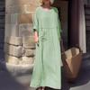 2026 Grenzüberschreitendes Sommer-Freizeitkleid für Damen, Rundhalsausschnitt, Baumwoll-Leinen, Langarm, mit Falten und doppelten Seitentaschen