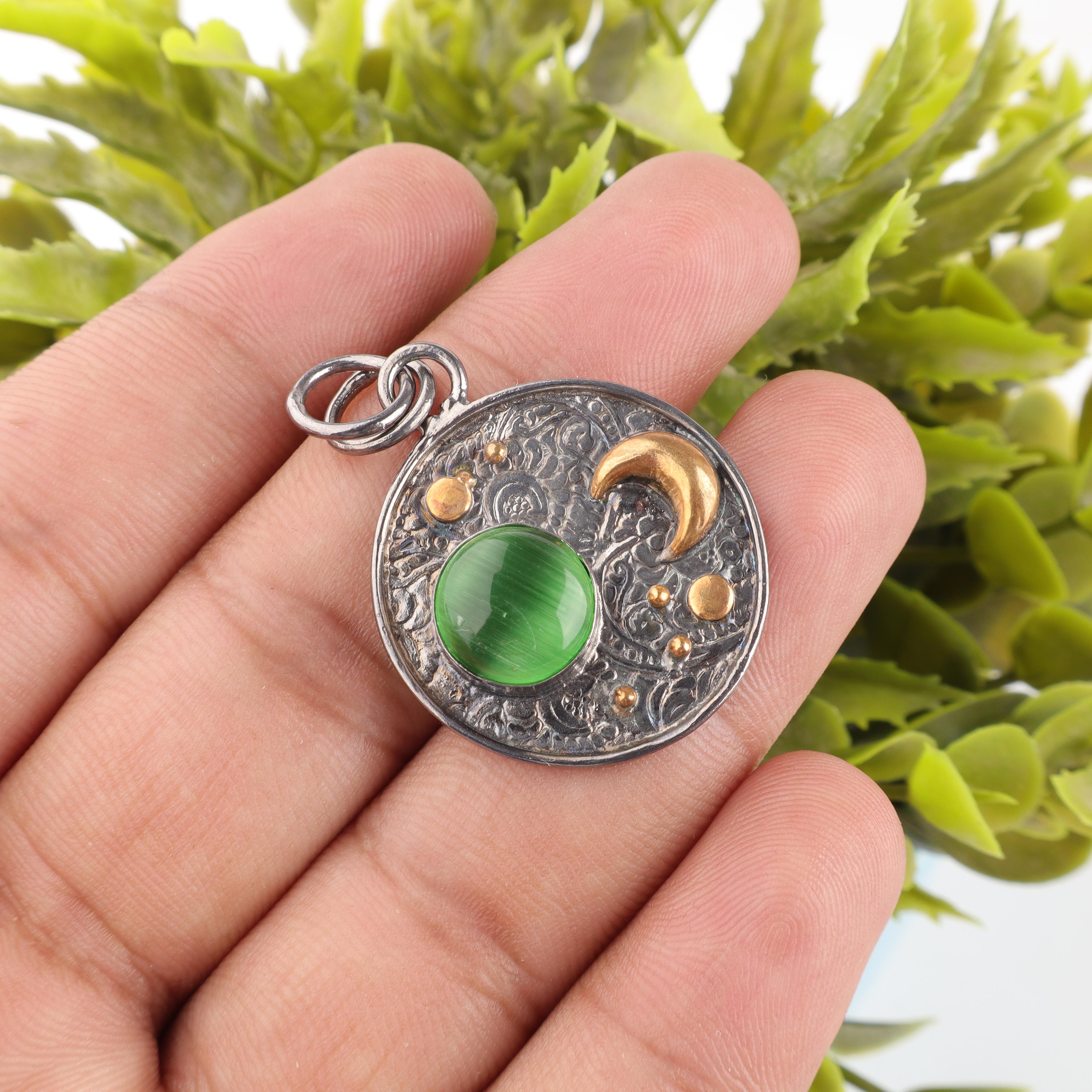 

Украшения из драгоценного камня «зеленый кошачий глаз», украшения из стерлингового серебра 925 пробы, духовные украшения ручной работы для свадебного подарка 1.30 Inches зелёный