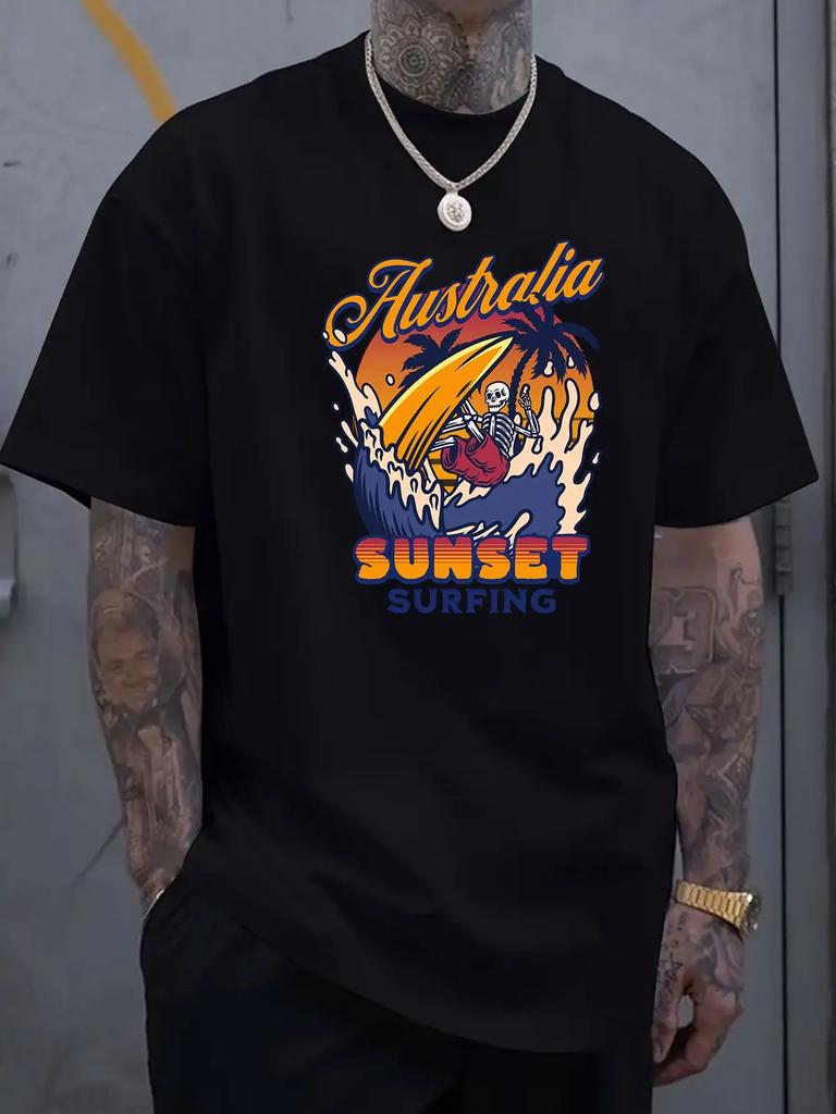 Skeleton Surfing Graphic Print Men's Luxury Cotton Short Sleeved T-shirt Summer Unisex Men's and Women's Street Fashion Clothing