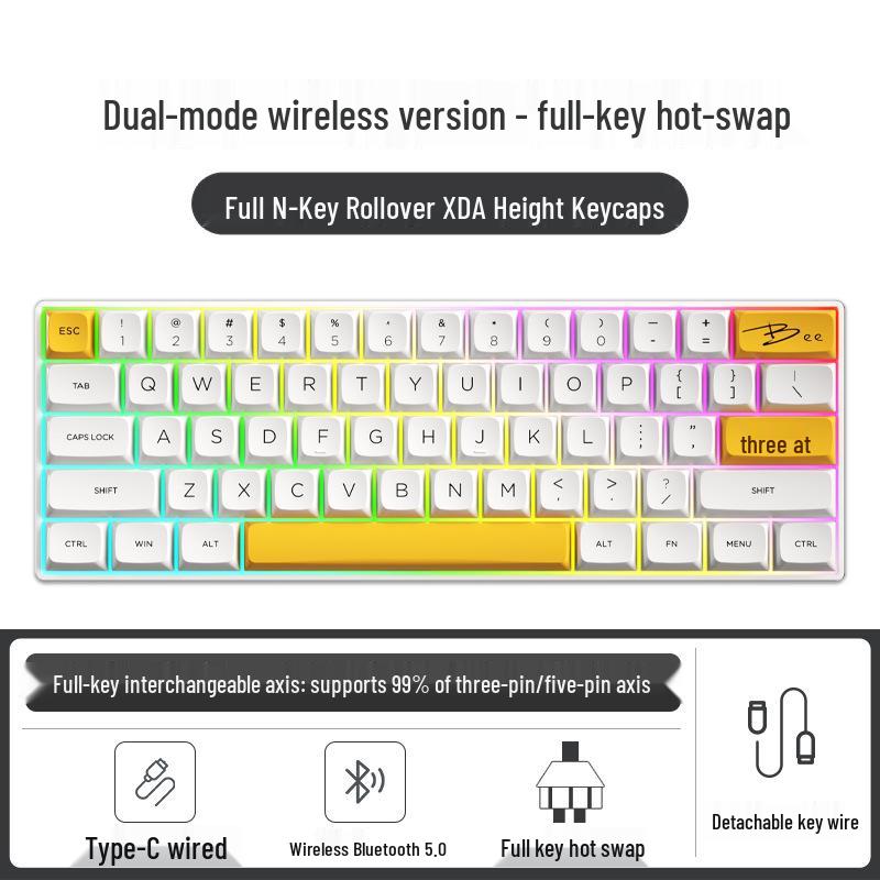 Dual-Mode 61-Key Wireless/Wired Mechanical Keyboard - Compact, Portable, Silent Gaming/Office Design for Girls