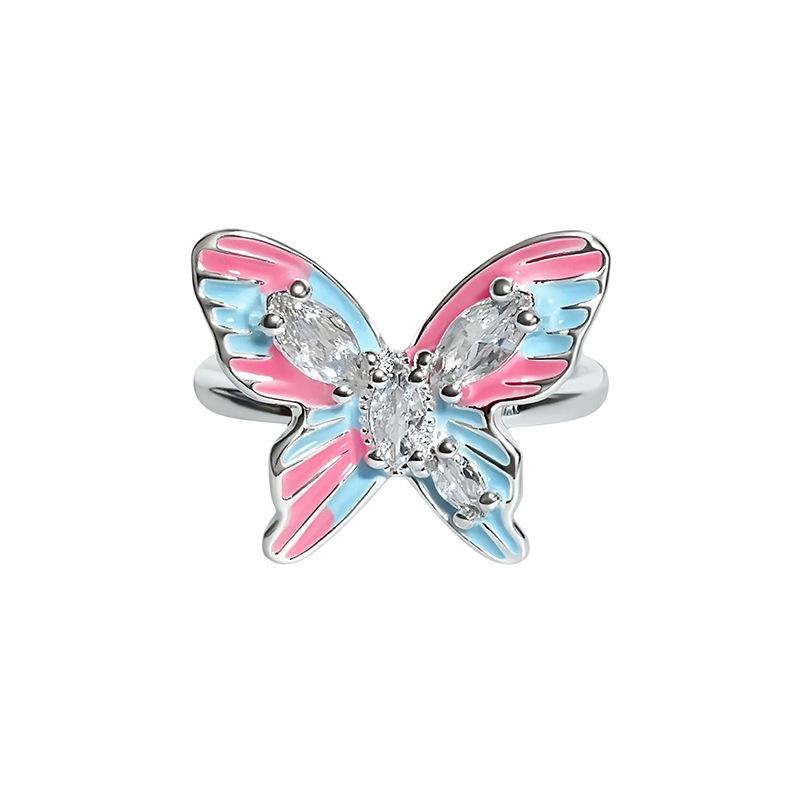 Sweet Cool Ins Style Open Ring Gradient Enamel Butterfly Inlaid Zircon With Bead Detail Niche Personality Adjustable Decorative Ring