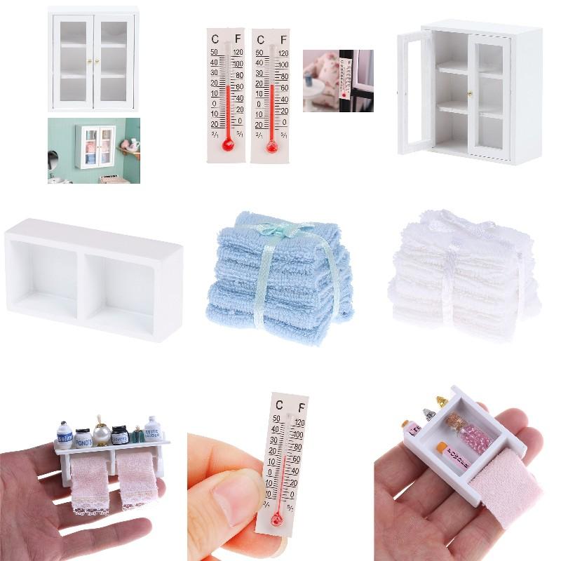 Durable Miniature Cabinet Bathroom Furniture Kits Towel Rack Makeup Cosmetic Set Thermometer Home and Living For 1/12 Scale Dollhouse