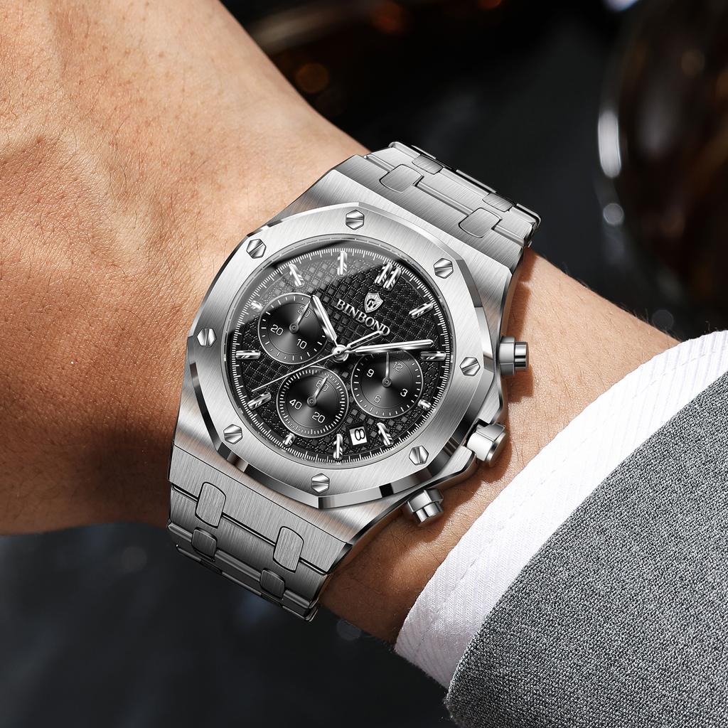 Mens Chronograph Wrist Watch Stainless Steel Band Analog Quartz Watches Waterproof Luminous Calendar Multi‑Dial Business Casual Watch for Men