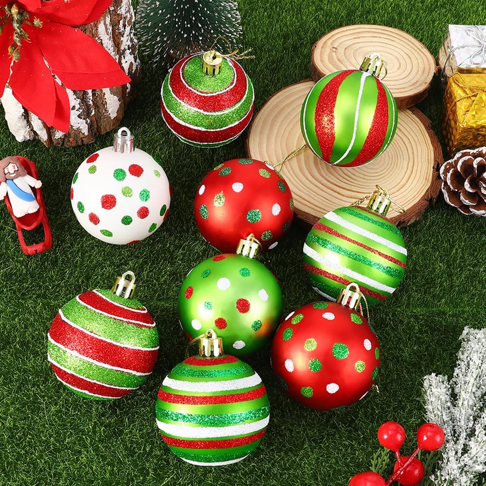 18pcs Christmas Balls Ornament 2.4 Inch Glittering Hanging Xmas Balls for Tree Decoration Swirl Candy Cane Elf Balls Red Green Plastic Christmas