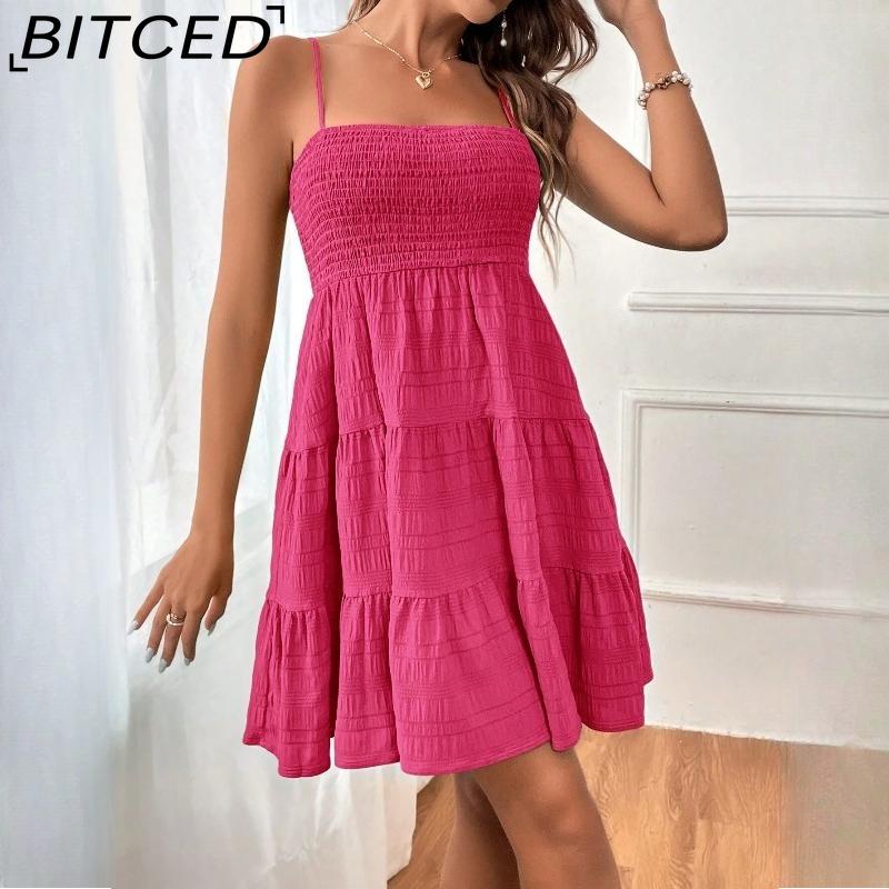 BITCED Women's Summer Off-the-Shoulder Fine-Strap Solid-Colour Textured Dress
