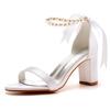 7 Cm Thick Heel Shallow Mouth One-length Strip Square Heel Sandals Silk Satin Cloth Beaded Bride Wedding Banquet Long Skirt Sandals Women
