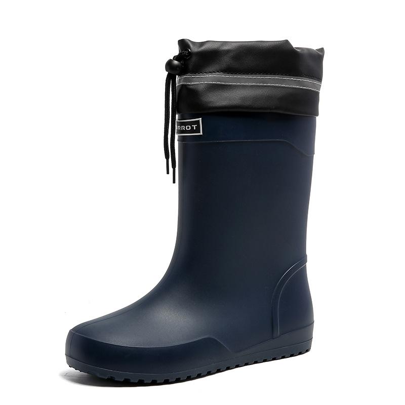 Water shoes, high-end medium tube flat-bottomed rain shoes, men's closing mouth plus fixed cotton lint, winter velvet rain boots, size waterproof glue