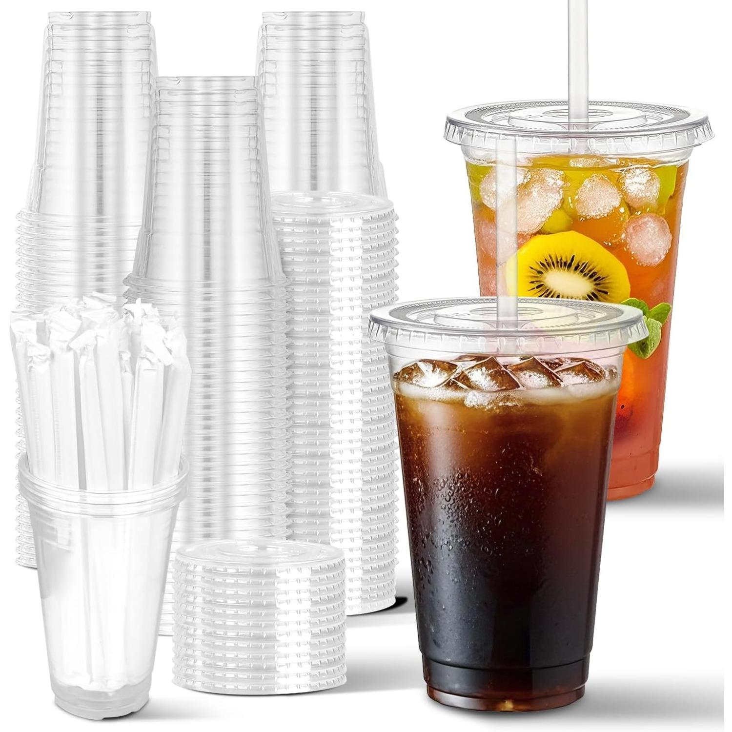 

Charmount 100 Sets- 20 oz Clear Plastic Cups with Lids and Straws, Disposable To Go Cups for Cold Drinks, Coffee Bar Accessories, Iced Coffee 100-Pack прозрачный