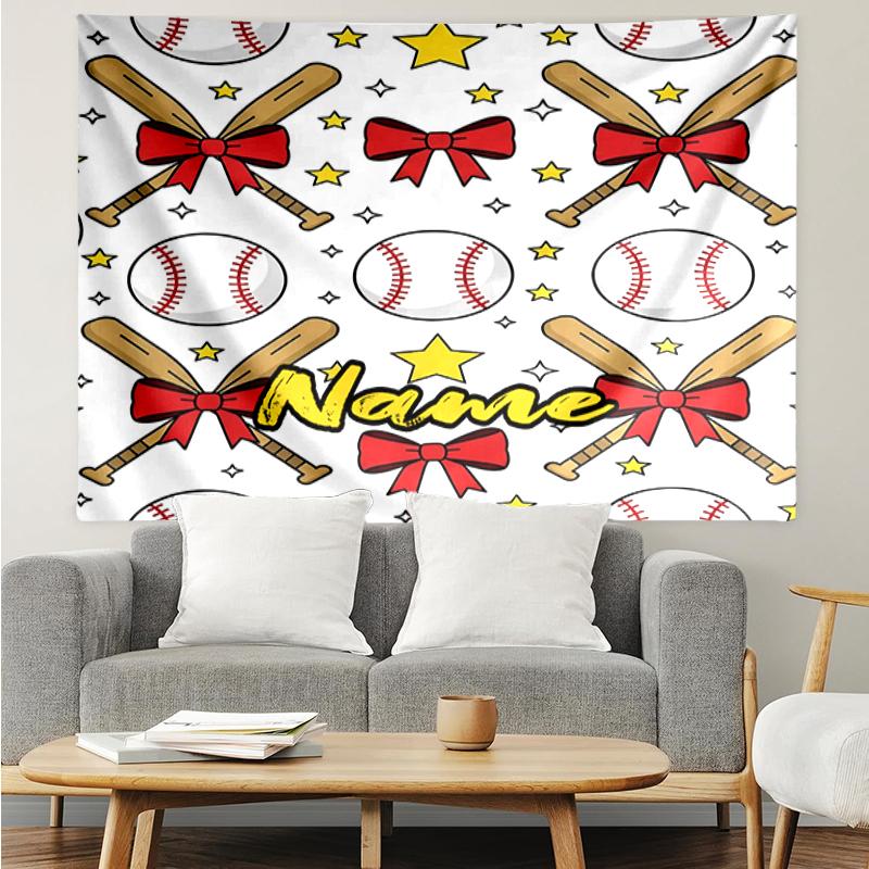 Custom Name Baseball Print Tapestry, Backdrop, Easy Setup, Ideal for Bedroom, Office & Living Room, with Aesthetic Wall Hanging Decor.