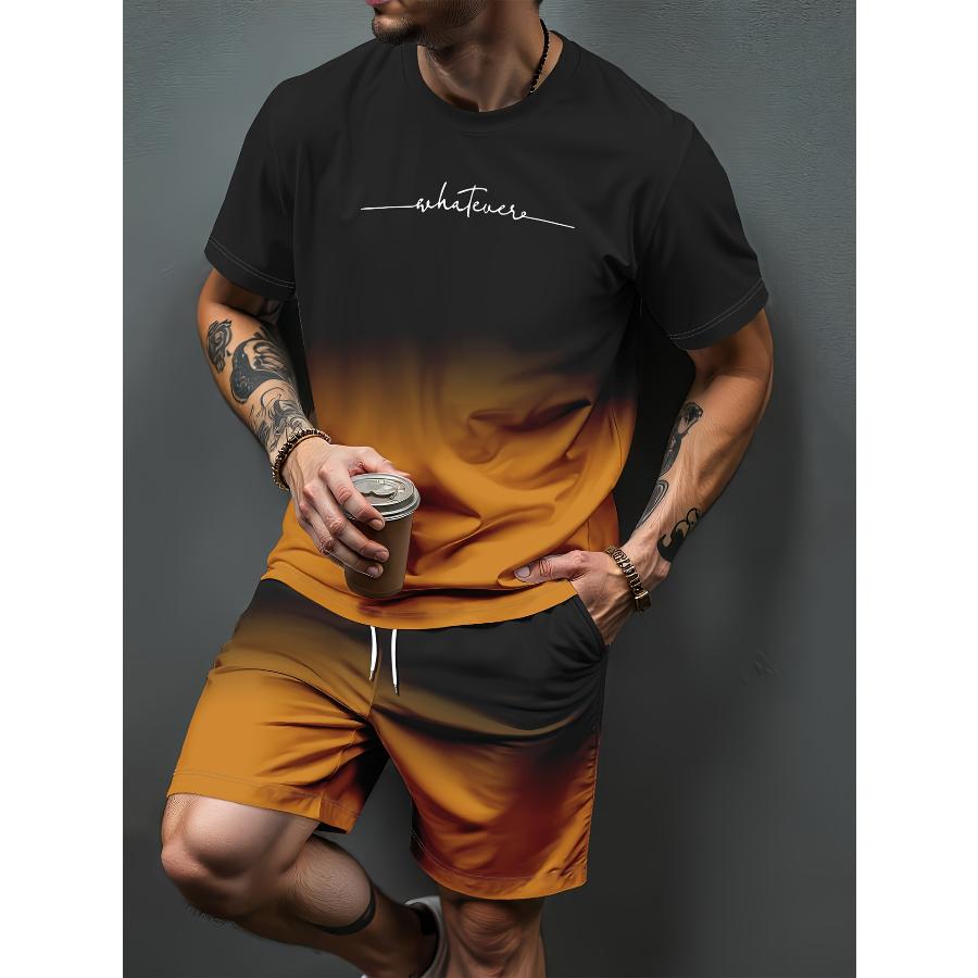 Modny męski komplet dwuczęściowy w stylu resortowym, koszulka z krótkim rękawem i spodenki, letni, z nadrukiem 3D
