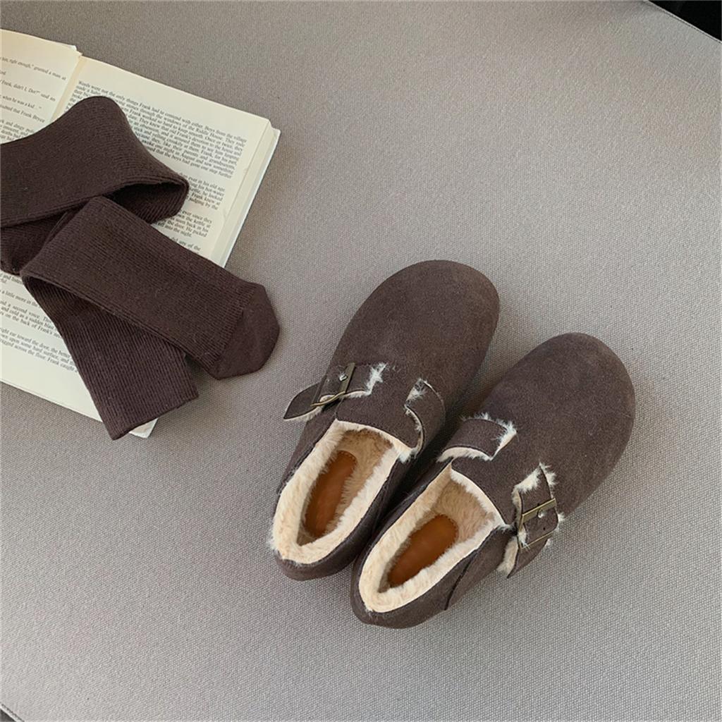 Grape mother winter velvet warm thick-soled big-headed shoes integrated leather single shoes one pedal fluffy shoes women's Boken shoes