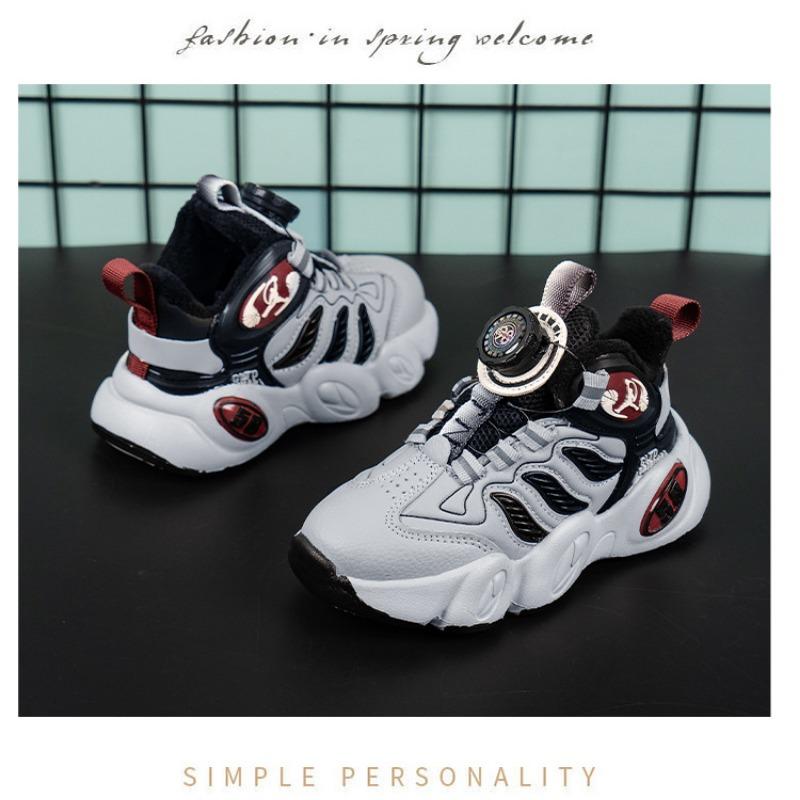 Boys' Shoes Autumn and Winter New Two Cotton Plus Fleece Warm Children's Sports Shoes Rotating Buttons Large Children's Basketball Shoes