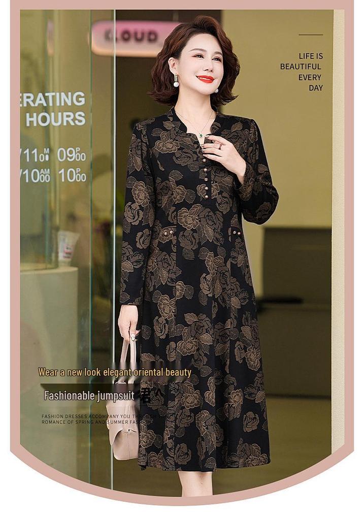 Elegant Plus Size Jacquard V-neck Dress for Middle-aged Women - Flattering, Slimming, and Long-sleeved for Spring and Fall