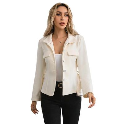 Women Wool Cropped Jacket Fall Winter Band Collar Single Breasted Causal Business Coat with Belt