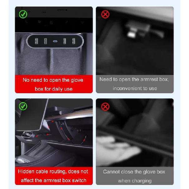 For Tesla Model 3/Y - Car Foldable Charger Hub Under Screen Docking Station USB Shunt Adapter Charger Splitter Extension