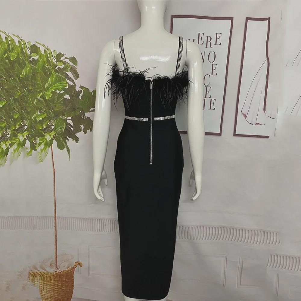 "European & American Women's Sexy Celebrity Feather Slit Bandage Midi Dress with Diamonds"