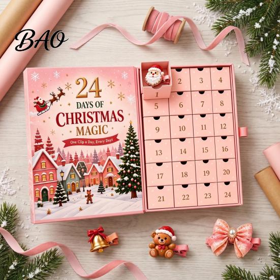 Colecție Festivă de Accesorii pentru Păr Calendar Advent cu Clipsuri de Crăciun 24 de Zile, Cutie Numărătoare Inversă pentru Fete cu Surprize Zilnice Agrafe de Păr 24 de Agrafe Drăguțe de Păr, Sărbători
