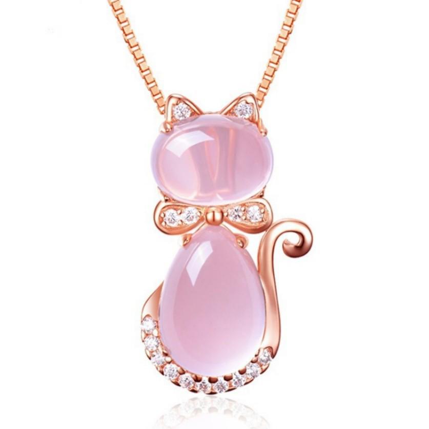 Korean Style Rose Gold-Plated Cat Pendant Necklace with Natural Pink Fluorite Crystal, Clavicle Chain Jewelry for Women