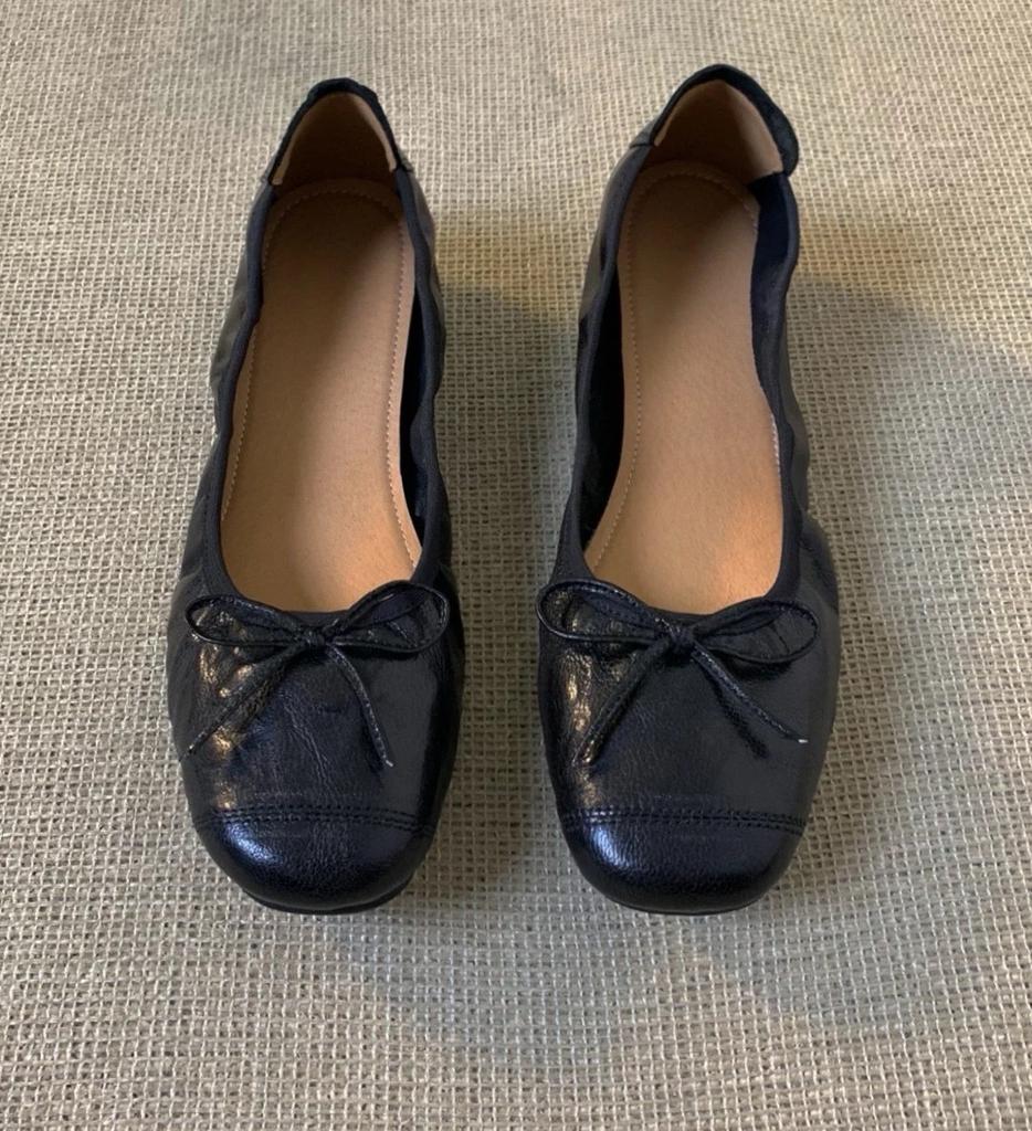 Cowhide version retro shallow mouth single shoes women's leather flat bottom versatile bow evening shoes super soft egg roll ballet shoes